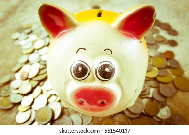 Piggy Bank And Coin In Room,Save Money For Good Life,Vintage Sepia