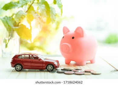 Piggy Bank With Coins And Car, Saving Money For Loan Online.