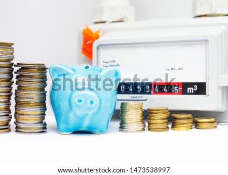 Piggy bank with coins near the natural gas meter at home. The symbolic image of the high cost of natural gas for heating homes in the cold season. Selective focus.