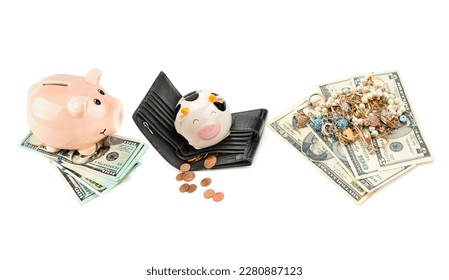 Piggy bank with dollars and euros, jewels isolated on white background. Panoramic collage. Skinali. Wide photo. - Shutterstock ID 2280887123
