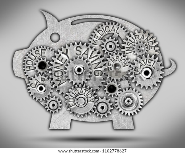 Piggy bank icon\
and tooth wheel mechanism with MONEY SAVING concept related words\
imprinted on metal\
surface