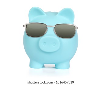 Piggy Bank Isolated On White Background With Clipping Path. Pig In A Sunglasses. Financial Security Concept