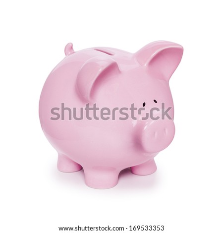 Piggy Bank isolated on white with soft natural shadow, three quarters to camera, front to back focus.