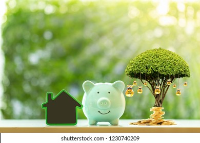 Piggy bank and money bag of tree and blackboard home put on the wood in the public park, Saving for buy house and real estate for business investment concept.