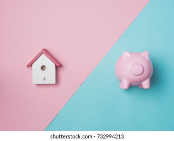 Piggy Bank Money Saving Finance Concept.Piggy Bank Pink On Colour Background.top View Flat Lay Style.