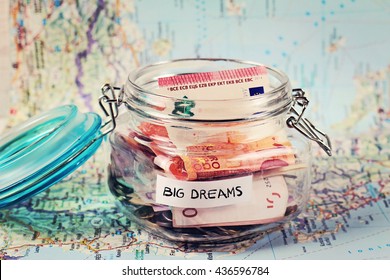 Piggy Bank On Travel Tourist Map. Saving Money For Travel, Planning Holiday Or Vacation 