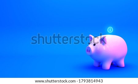 Piggy bank  Online savings bank blue back ground with neon money