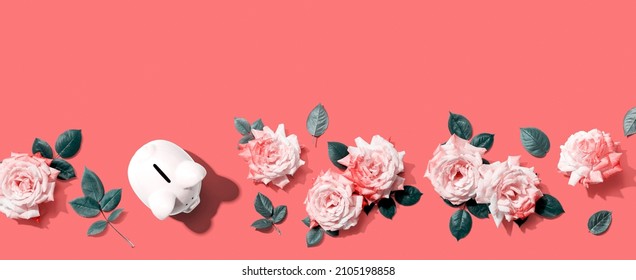 Piggy Bank With Pink Roses Overhead View - Flat Lay