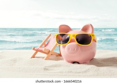 Piggy bank resting on vacation. Saving money, travel concept