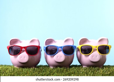 Piggy bank row, grass and blue sky, sunglasses, summer vacation concept 
