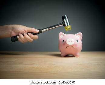 Piggy bank, savings, investments ,currency concept : A hand holding a hammer which is raised above a pink sad piggy bank, with a shocked and apprehensive facial expression.  - Shutterstock ID 654568690