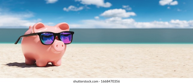 Piggy Bank With Sunglasses On The Beach Holiday. copyspace for your individual text. - Powered by Shutterstock