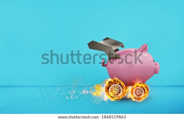 Piggy bank with wheel like a car. Concept of\
fast increse of money.cyan\
background
