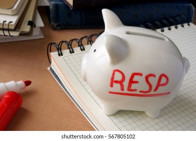 Piggy Bank With Word RESP. Registered Education Savings Plans.  