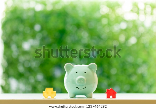 A piggy bank with working capital\
management for loan house and car model put on the wood in the\
public park, Saving money for future investment\
concept.