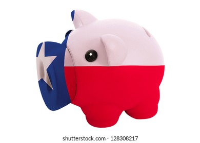 Piggy Rich Bank In Colors Flag Of Us State Of Texas For Savings On White Background