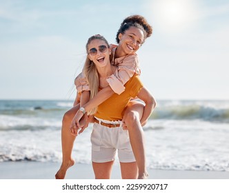 Piggyback, beach and couple of friends in portrait for lgbtq, lesbian or gay love, freedom on summer vacation. Blue sky, ocean and diversity women on date, fun support and excited valentines holiday - Powered by Shutterstock