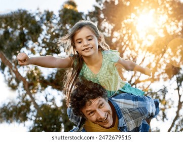 Piggyback, father and happy girl child outdoor for bonding, support and playing game together in summer. Family, park and dad carrying kid at garden for funny superhero flying, love and low angle - Powered by Shutterstock