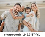 Piggyback, parents and children outdoor for portrait or love, bonding and playful interaction of support at house. Smile, woman and man with kids for family activity in backyard for memory at home