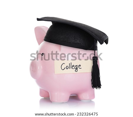 Piggybank with mortar board and college label isolated over white background