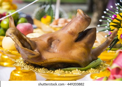 pig's head are sacrificial offering in worship.
