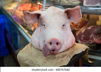 Pig's Head In The Surquillo Mercado In Lima, Peru