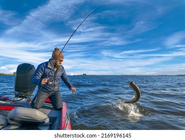 Pike fishing. Fisherman catch big muskie fish with splash in water - Shutterstock ID 2169196145