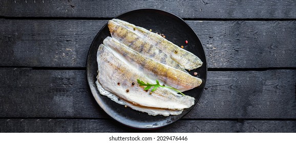 Pike Perch Raw Fillet No Fish Bones Fresh Seafood Hake Meal Snack Copy Space Food Background