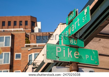Pike place street sign in downtown Seattle.