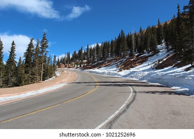 Pikes Peak Highway with snow on sides