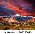 Pikes Peak Soaring over the Garden of the Gods with Dramatic Sky