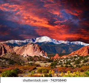 Pikes Peak Soaring over the Garden of the Gods with Dramatic Sky