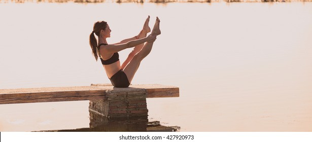 Pilates Yoga Workout Exercise Outdoor In The Lake Pier