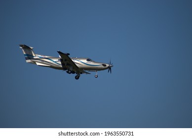 Pilatus PC 12 Aircraft On The Final Approach To The International Airport In Zurich In Switzerland 24.4.2021