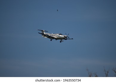 Pilatus PC 12 Aircraft On The Final Approach To The International Airport In Zurich In Switzerland 24.4.2021