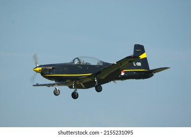 Pilatus PC7 Training Aircraft From Royal Netherlands Air Force Landing At Woensdrecht Air Base, May 2022 The Netherlands, Dutch Airforce, Airbase, Landing,