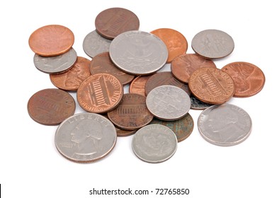 Pile of American coin, isolated on white background