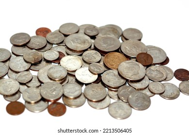 Pile Of American Coins Of 1 Cent, 5, 10, 25 C Quarter, 50 Cents, Half Dollar Coin And One Dollar, Vintage Retro Old American Money Background, United States Of America Dollars Change Coins Isolated