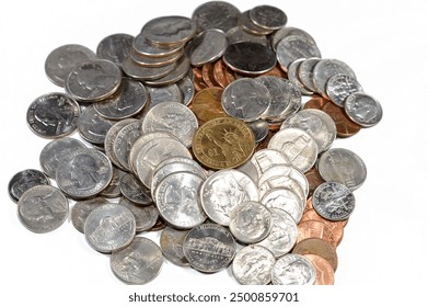 Pile of American coins of 1 cent, 5, 10, 25 cents quarter and one dollar, Vintage retro old American money background, United States of America dollars change coins, United States of America change