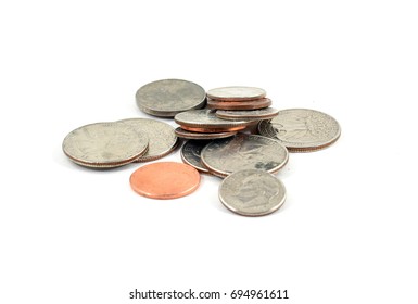 Pile Of American Coins (quarter, Nickel, Dime, Penny) Isolated