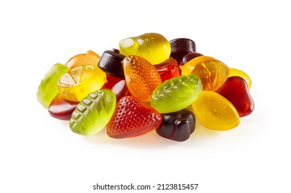 Pile Of Assorted Chewy Candy Isolated On White Background. Multicolored Jelly Gummy Sweets Cutout. Colorful Candy Made Of Fruit Juice, Sugar And Gelatin. Confectionery And Sweet Food Concepts.