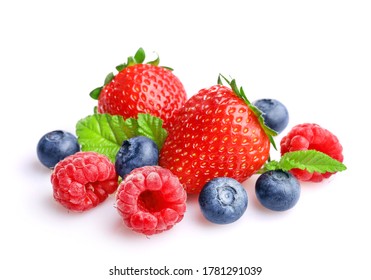 Pile Of Assorted Wild Fresh Berries Isolated On White Background.