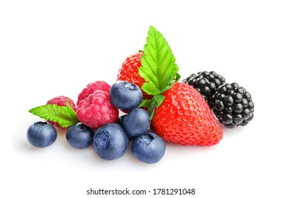 Pile Of Assorted Wild Fresh Berries Isolated On White Background.