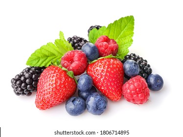 Pile Of Assorted Wild Fresh Berries Isolated On White Background.