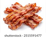 A pile of bacon strips on a white background. The bacon strips are thick and long, and they are arranged in a way that they look like they are stacked on top of each other