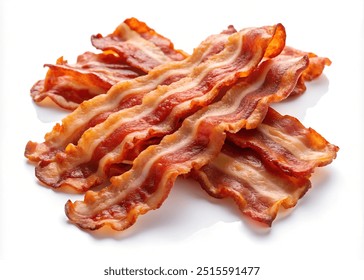 A pile of bacon strips on a white background. The bacon strips are thick and long, and they are arranged in a way that they look like they are stacked on top of each other