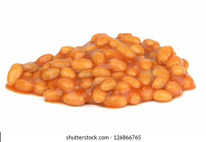 A Pile Of Baked Beans In Tomato Sauce On A White Background