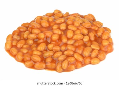 A Pile Of Baked Beans In Tomato Sauce On A White Background