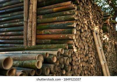 Pile Of Bamboo Pole. Stack Of Round Timber Logs. Large Batch Of Wooden Logs For Industrial Scale Or Manufacturing. Warehouse Of Material For Furniture Factory. Art Of Bamboo Abstract Background.