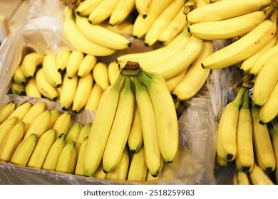 Pile of bananas in multiple bunches inside cartons. Large fruit shipment for transport and sale at a market. Fresh bananas on display in a grocery store or fruit shop.